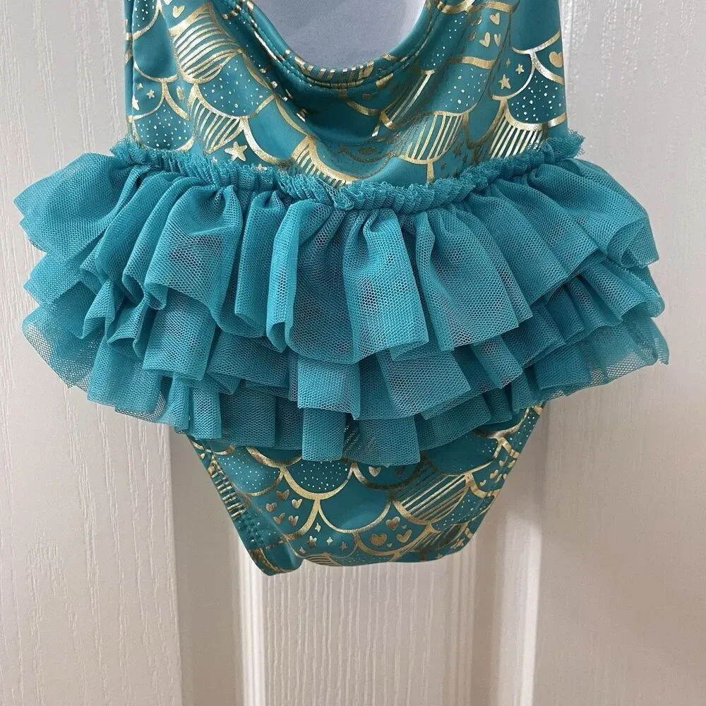 Cat & Jack Teal and Gold Mermaid Tulle Tutu One Piece Swimsuit Girls 12 Months